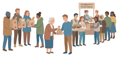 Obraz premium Diverse people helping at community food bank, providing essential donations and support to families and individuals in need.