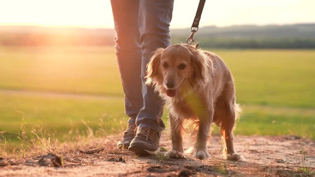 Active cocker spaniel dog on leash walks with owner at back sunset light owner walks healthy red-haired dog in country park owner with trained spaniel dog enjoys weekend in summer evening closeup
