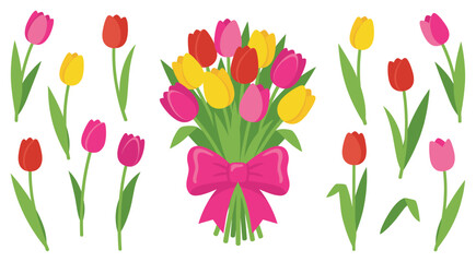 Obraz premium Colorful tulips bouquet and individual spring flowers illustration create a vibrant and cheerful floral design for various occasions.
