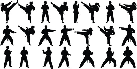 Set of silhouette martial arts icons including male and female fighters performing karate kicks and punches for sports and fitness design, © Joybroto