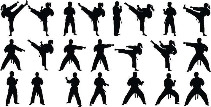 Set of silhouette martial arts icons including male and female fighters performing karate kicks and punches for sports and fitness design,