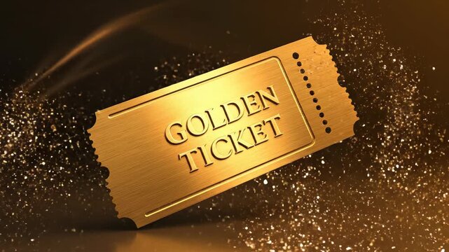 Golden ticket surrounded by glittering sparks on dark background