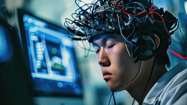 Young man undergoing brain scan with eeg headset