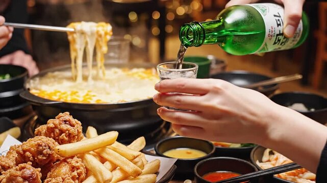Pouring Soju while sharing Korean fried chicken and tteokbokki.
