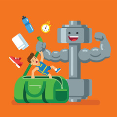 Funny cartoon boy falling into gym bag with muscular dumbbell character.
