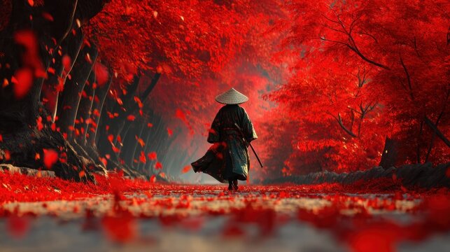 Samurai warrior in a traditional hat walking through red autumnal forest