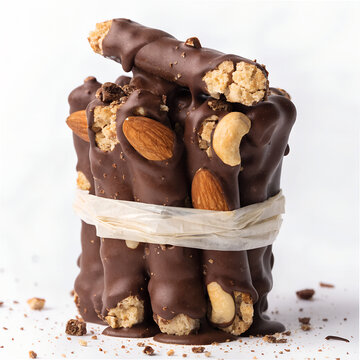 A bundle of cholate biscuits with mixed nut white background