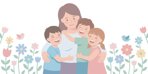 Happy mother and children embracing surrounded by colorful flowers and birds in a cheerful spring illustration.
