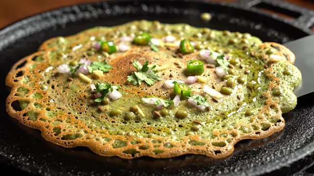 Savory Green Dosa Being Cooked on a Cast Iron Griddle Topped with Chopped Green Chilies and Onions Fresh Cilantro Garnish Drizzled with Oil