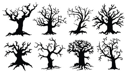 Group of spooky bare tree silhouettes in various gnarled shapes © Tabassum