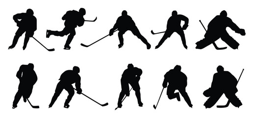 Hockey players silhouettes performing various actions on ice including skating shooting and goalie defense © Tabassum