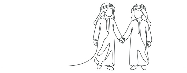 Two Arab people holding hands symbolize a loving couple in traditional Middle Eastern attire, drawn with a continuous line.
