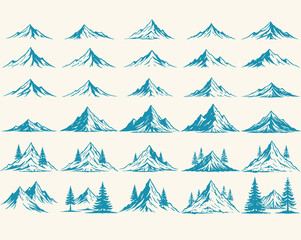Obraz premium Set of Artistic Mountain Range Illustrations in Vintage Style on Light Background