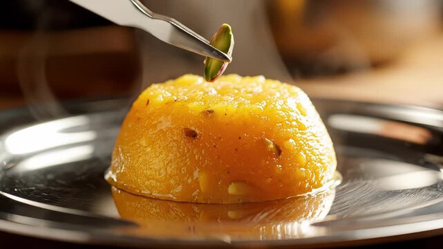 Steaming Hot Orange Semolina Dessert Garnished with Pistachios Served on a Silver Plate with Soft Natural Lighting Creating a Warm and Inviting Atmosphere