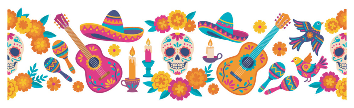 Mexican Day of the Dead celebration elements create a vibrant festive border illustration featuring traditional cultural symbols like sugar skulls and marigolds.