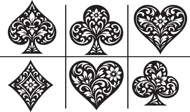 Ornate playing card suits with floral patterns for luxury casino, poker, and card game designs.