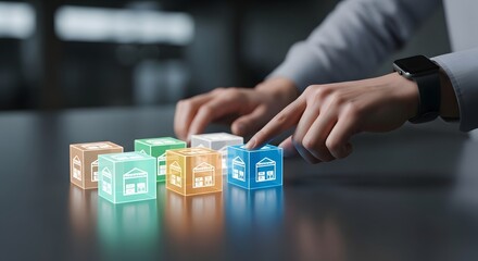Naklejka premium Hands engaging with glowing digital house blocks, symbolizing smart home technology, property selection, and innovative real estate solutions for modern, connected living experiences