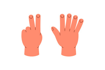 Fototapeta premium Hands showing number 7 using five fingers plus two. Flat cartoon vector for kids number learning and early education visuals