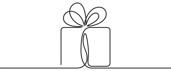 Obraz premium Gift box with a decorative bow is beautifully drawn in a continuous single line art style, symbolizing celebration and thoughtful giving.