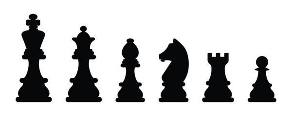 Set of black chess pieces silhouettes on white background isolated © Taniya