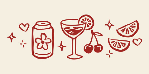 Cocktail and soda can with citrus doodle vector illustration