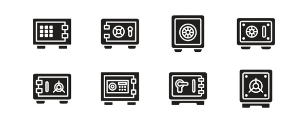 Set of black flat bank safe icons isolated on white background