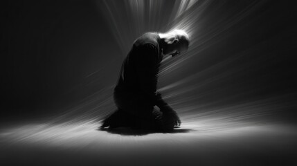 Man kneeling under dramatic light beams monochrome photography