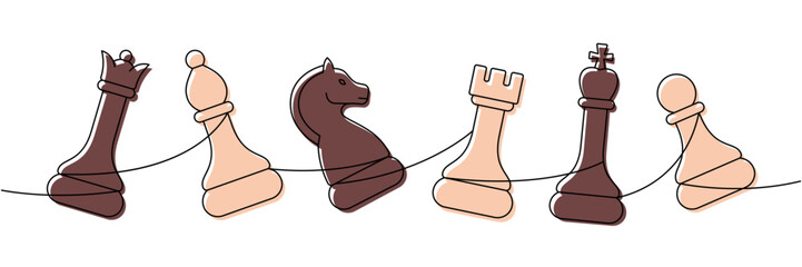Minimalist linear chess composition with queen, bishop, knight, rook, king, and pawn connected by a single elegant line © Lifeking