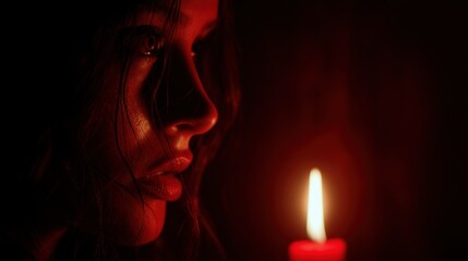 Womans face illuminated by candlelight in dramatic low key lighting