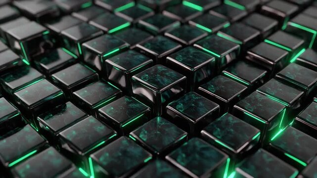 Futuristic digital abstract background featuring a grid of dark metallic cubes with vibrant green glowing edges, creating a modern geometric technology pattern