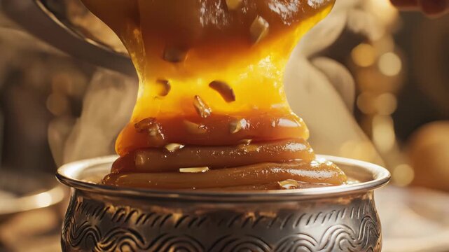 Warm Golden Sweet Dessert Being Poured Into A Traditional Ornate Silver Bowl With Steam Rising And Grains Visible In The Rich Texture With Soft Bokeh Background Lighting