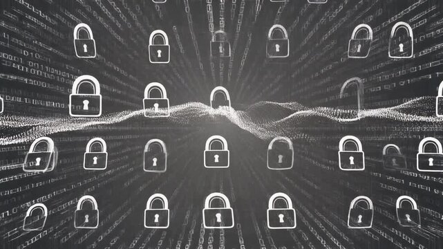 Digital security concept with rows of padlocks and data streams on a dark background, representing cybersecurity and information protection