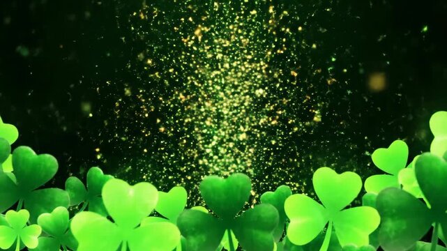 Vibrant green shamrocks border on dark background with golden sparkles