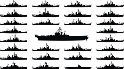 Warship and battleship silhouettes collection with aircraft carrier and submarine, naval military fleet ships isolated on white background vector illustration © MEHEDI