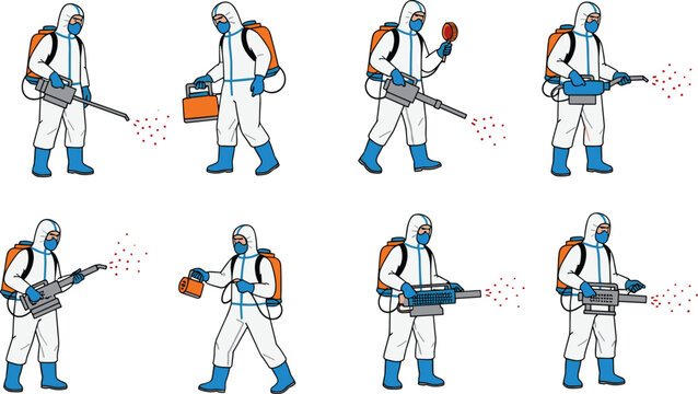 Pest Control Technician Spraying Disinfectant Action Sequence Vector Illustration