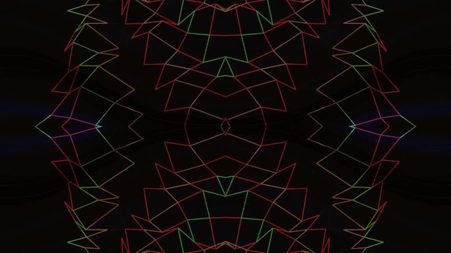 Symmetrical Neon Geometric Wireframe Pattern with Red and Green Zigzag Lines