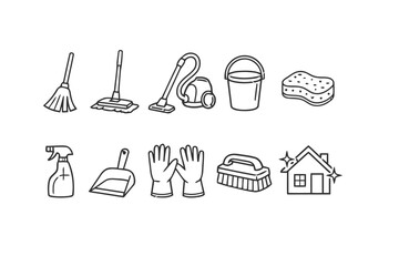 Set of cleaning supplies and equipment for household chores and hygiene