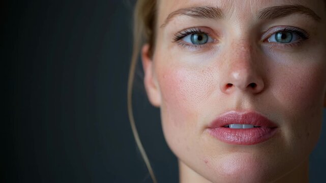 A woman gazes thoughtfully, displaying her natural features and serene expression in a close-up shot. The background enhances her calm demeanor, creating an intimate atmosphere.