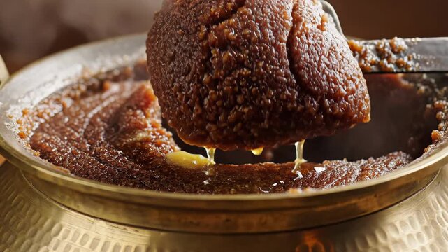 Warm Savory Sweet Semolina Pudding Rich Brown Color With Melting Ghee And Spoon Serving In Ornate Brass Bowl A Delightful Indian Dessert Closeup Macro Shot Food Photography
