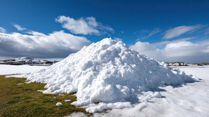 Obraz premium Snow pile on green grass field under bright blue sky with scattered clouds, indicating early spring transition from winter to warmer weather