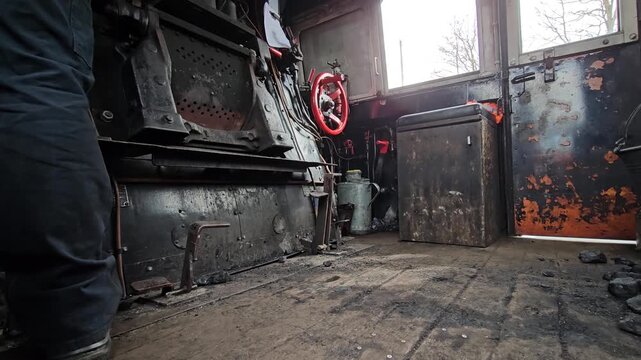 Close up of a historic locomotive inside the driver cabin in south Germany, Baden-W&uuml;rttemberg on a sunny spring day in the black forest. 
