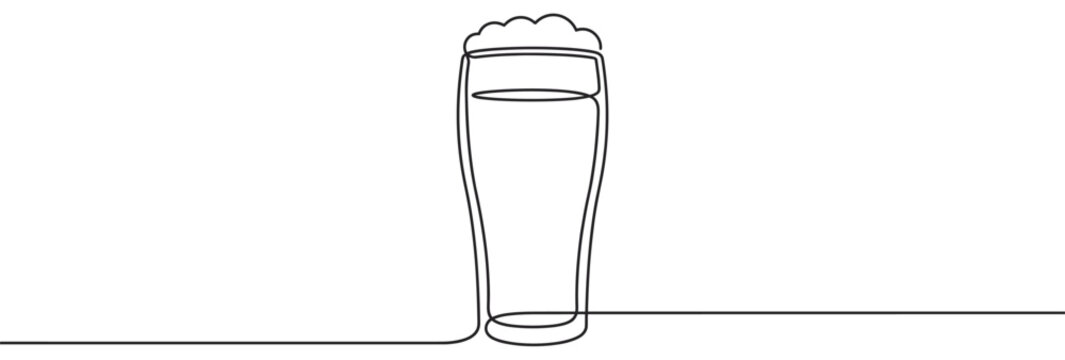 Continuous line drawing beer glass with foam on top, representing a refreshing alcoholic beverage in a minimalist art style.