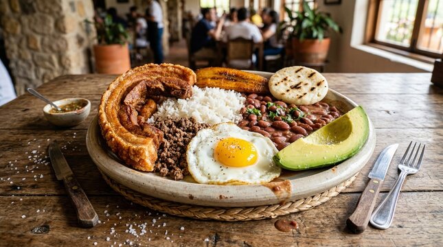 Traditional Colombian Bandeja Paisa with Chicharron and Avocado