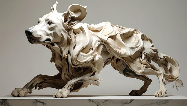 Abstract dog sculpture on marble base, made of swirling, textured cream and gray material, alert pose