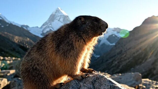 Adorable marmot basks in the sunlight atop a rock with snow-capped mountains in background on a clear, sunny day
