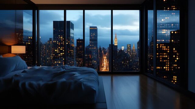 A beautiful urban landscape is visible through large windows at night. The bedroom features soft lighting, with the iconic skyline illuminated by countless city lights.