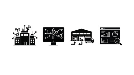 Obraz premium Business Infographics Icons Set with Office Building, Computer, Warehouse and and Graphs