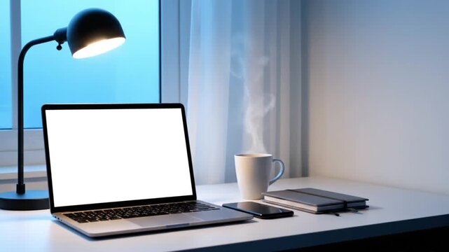 Laptop Screen Mockup Desk Lamp Coffee Work From Home