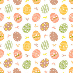 Easter eggs seamless pattern with bows on white background.