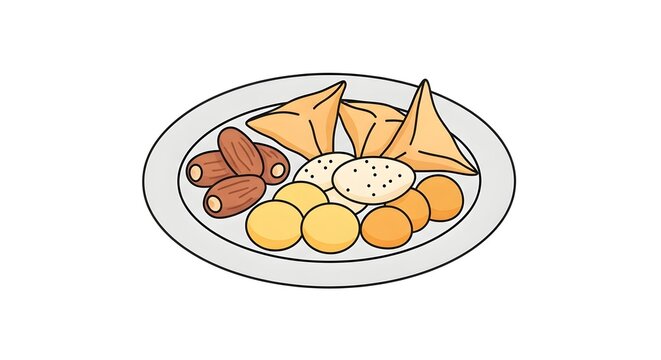 Colorful illustration of various sweets and dates on a plate